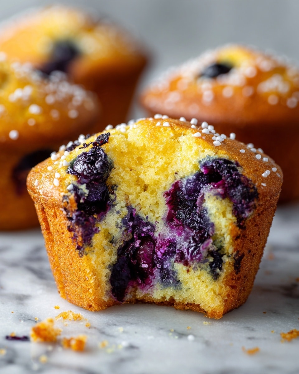 A close-up of a blueberry muffin with a golden brown top sprinkled lightly with coarse sugar crystals, revealing a moist yellow crumb inside filled with many dark purple blueberries. The muffin sits on a white marbled surface with some crumbs scattered around. In the background, blurred golden brown muffins are visible, suggesting freshness. Photo taken with an iphone --ar 4:5 --v 7