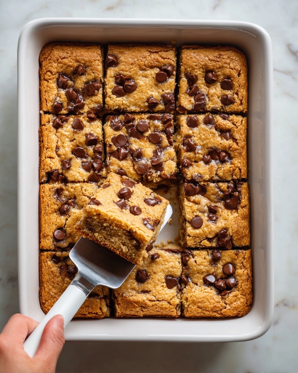 A white baking dish holds a square-shaped baked dessert with visible chocolate chips on top. The dessert is divided into smaller square pieces, with one piece being lifted by a silver spatula showing its slightly crumbly texture and soft inside. The top layer is golden brown with scattered dark chocolate chips, and the overall look is warm and fresh. The background is a white marbled surface. photo taken with an iphone --ar 4:5 --v 7