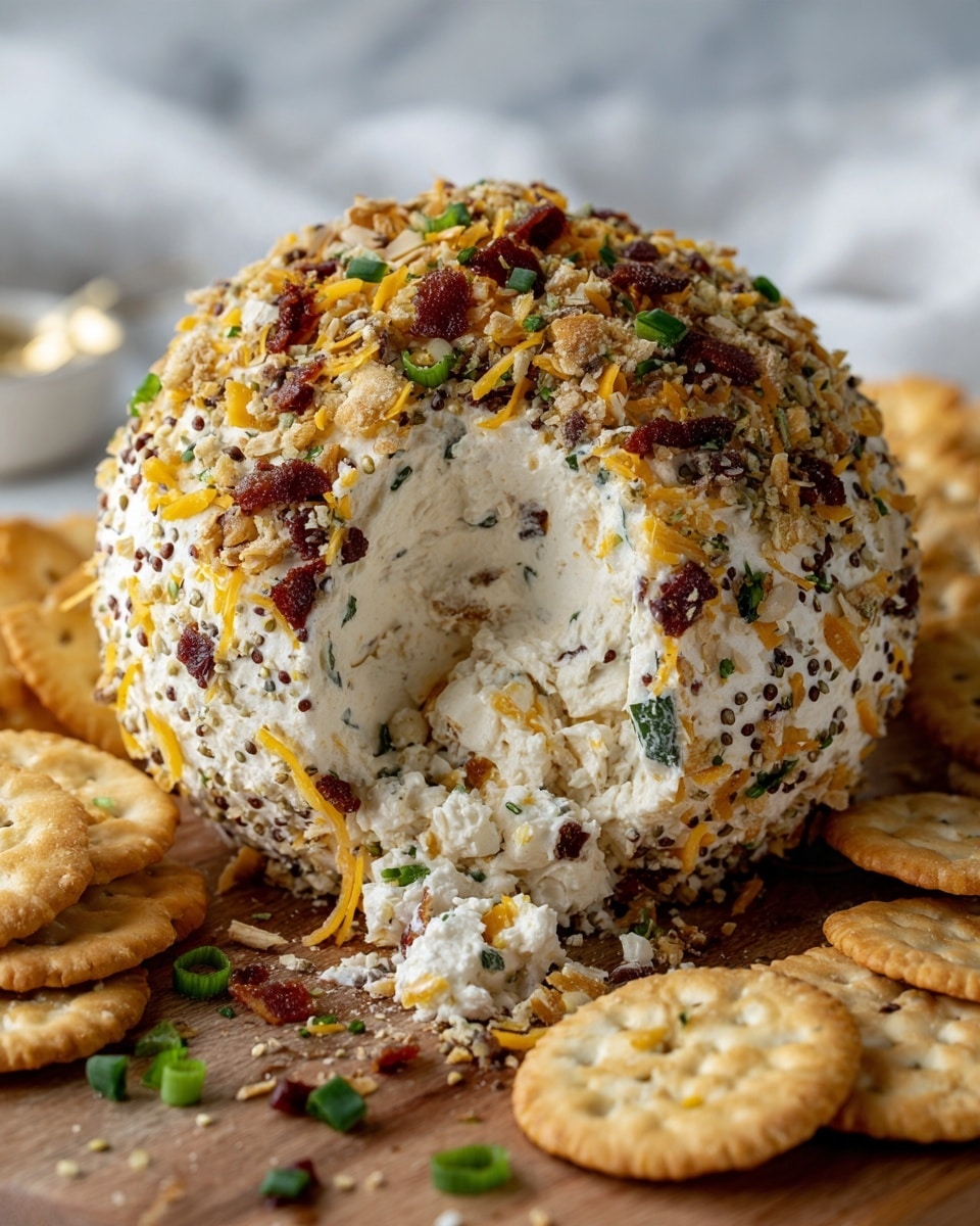 A round cheese ball with three visible layers sits on a white marbled surface. The outer layer is rough and covered with a mix of yellow shredded cheddar cheese, small crispy bacon bits, green herbs, and tiny black seeds, showing a mix of orange, red, green, and black colors. The middle layer is a creamy white cheese that looks soft and slightly whipped, with visible small green and orange bits inside. The innermost layer is cream white with small pieces of reddish bacon mixed in, and it has a smooth texture. Around the cheese ball, there are square, light tan crackers sprinkled with small green onion slices, arranged in a circle. photo taken with an iphone --ar 4:5 --v 7