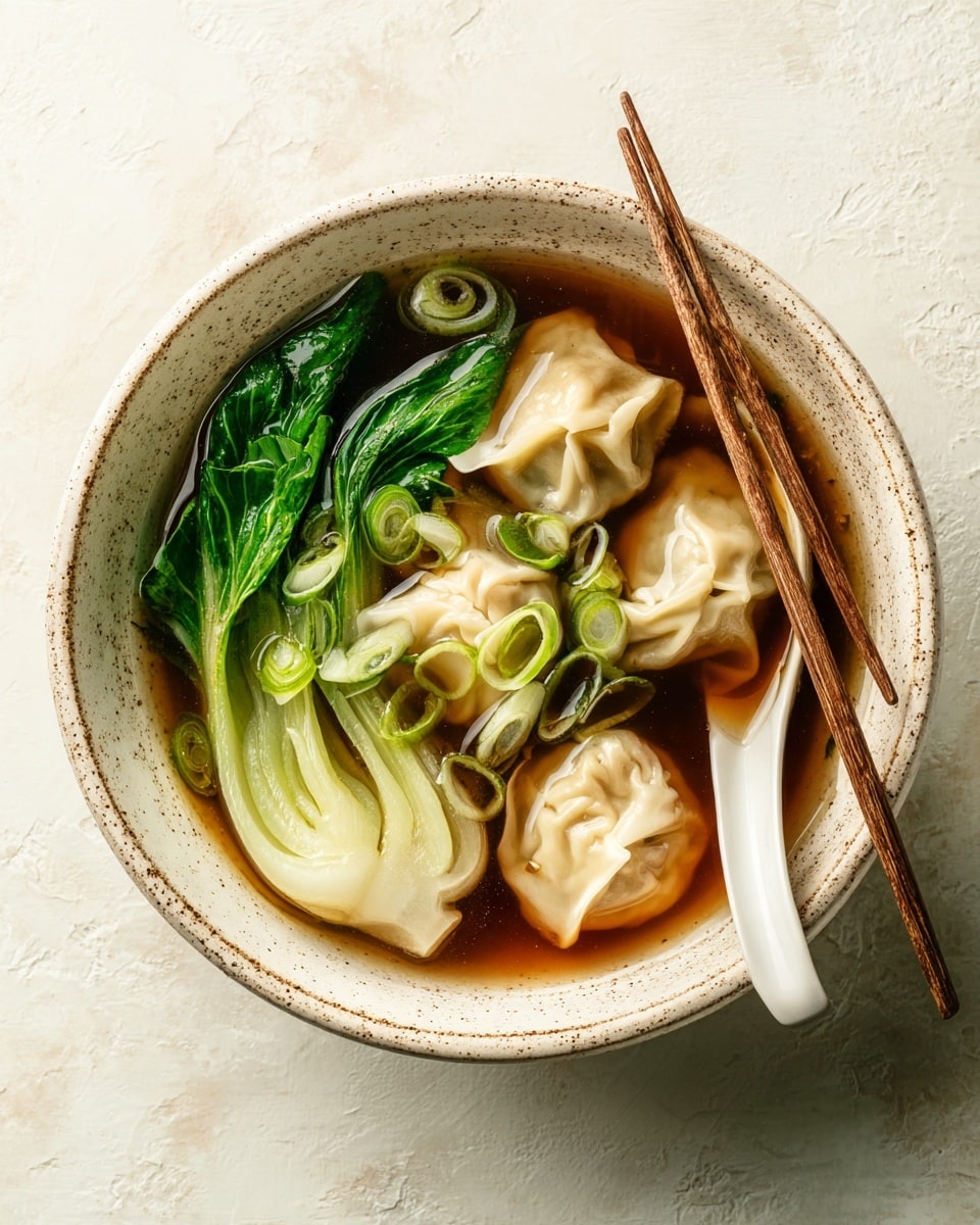 A white speckled bowl filled with clear brown broth holds five light beige wontons with smooth, slightly folded edges in the center. Bright green leafy vegetables rest on the left side inside the bowl. Thin slices of green onions float over the wontons in the broth. A white ceramic spoon is placed inside the bowl on the right, partially submerged in the broth, with wooden chopsticks resting on the bowl's edge next to the spoon. The bowl sits on a white marbled surface. photo taken with an iphone --ar 4:5 --v 7