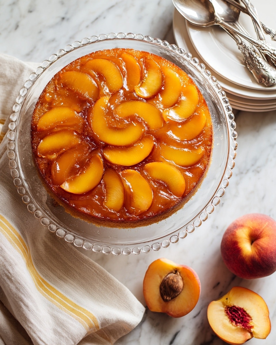 A round upside-down cake with two visible layers sits on a clear glass cake stand with beaded edges, placed on a white marbled surface. The top layer is made of shiny, caramelized peach slices arranged in a circular pattern, showing a mix of golden orange and reddish hues with a glistening, syrupy texture. The cake layer beneath looks moist and dark brown, slightly visible around the edges under the peach topping. Nearby, two halved fresh peaches rest on the white marbled surface, showing vibrant orange flesh and a rough brown seed in one half. In the background, a stack of white plates with ornate silver forks lies next to the cake stand. A white cloth with thin yellow stripes is partially visible in the lower left corner. photo taken with an iphone --ar 4:5 --v 7