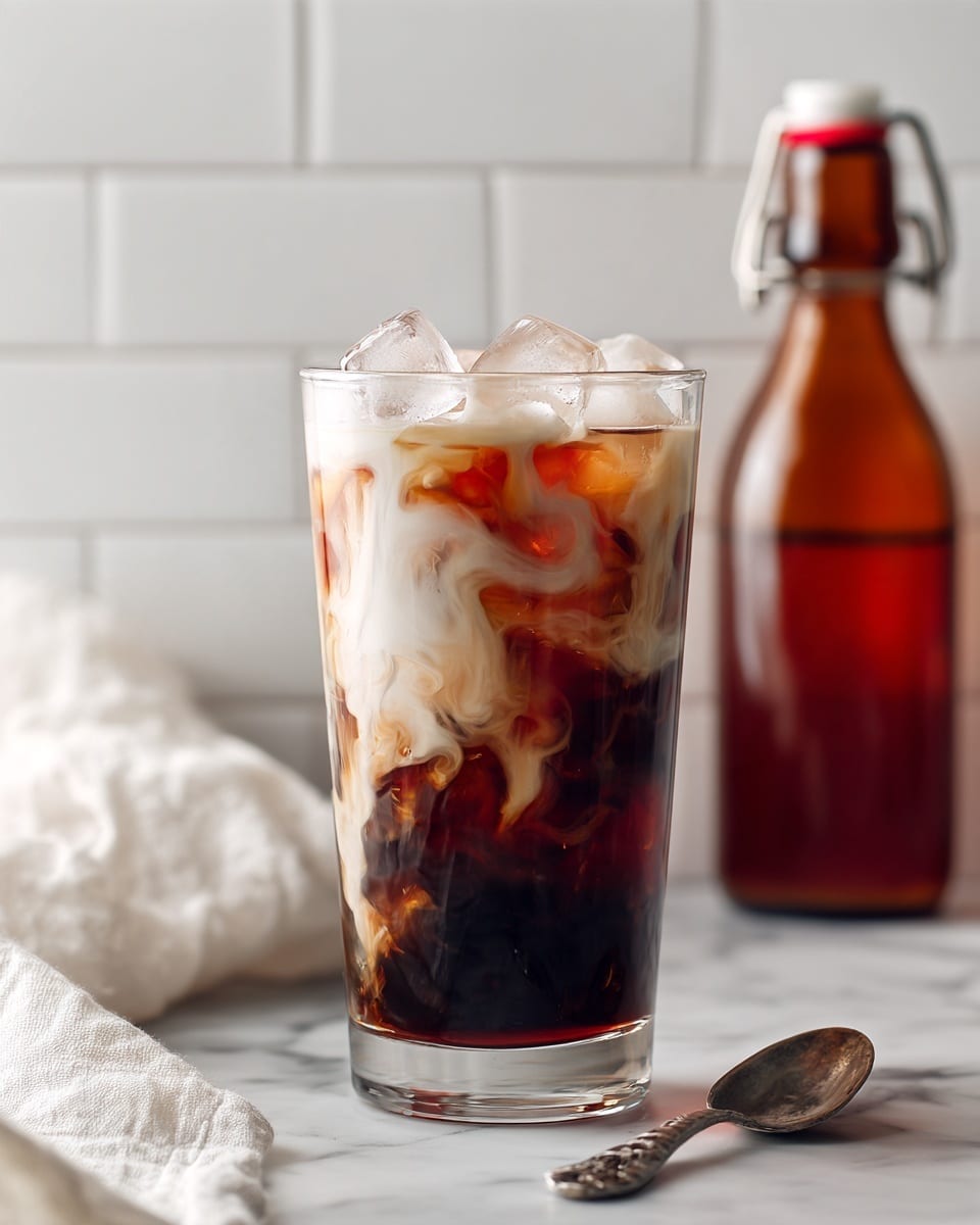 A clear glass filled with dark brown iced coffee, ice cubes floating at the top, and swirling white cream mixing through the coffee creating soft, cloud-like patterns. The glass is placed on a white marbled surface with a white pitcher and a glass bottle with orange liquid blurred in the background. In the foreground, a white perforated coaster with a spoon rests slightly out of focus. The scene is bright and clean, showcasing the contrast and movement of the cream within the iced coffee. photo taken with an iphone --ar 4:5 --v 7