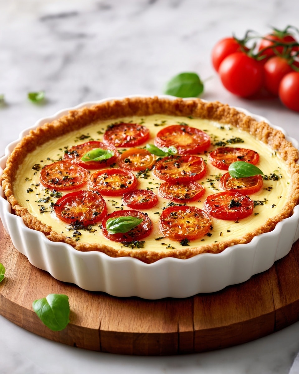 A fresh tomato tart is shown in a white fluted ceramic pie dish. The tart has one golden, crispy crust layer forming a wavy edge around the pie dish. The filling layer is creamy white custard with a smooth texture. On top, there are several round slices of cooked red tomatoes, some with light char marks, laid evenly across the surface. Bright green fresh basil leaves are scattered on top, adding a pop of color. The tart is placed on a wooden board over a white marbled texture surface, with loose cherry tomatoes and green leaves in soft focus in the background. Photo taken with an iphone --ar 4:5 --v 7