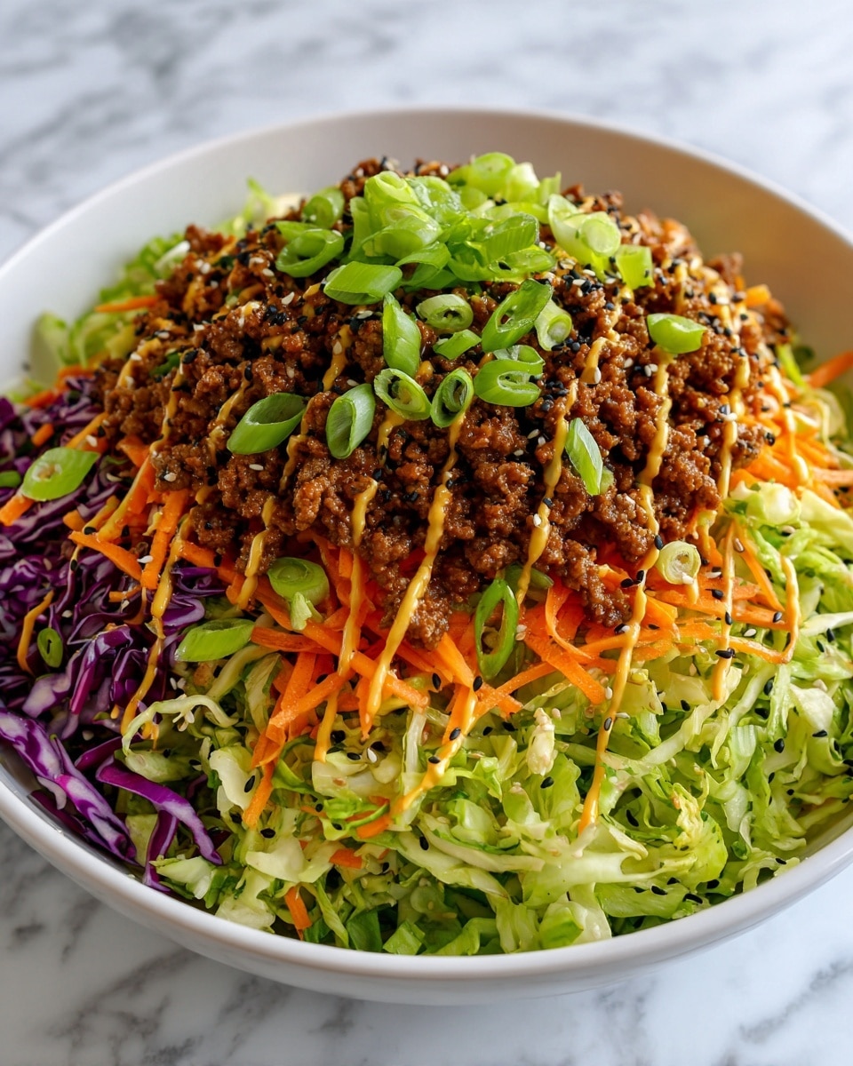 A white bowl holds a colorful layered dish starting with shredded green and purple cabbage mixed with thin orange carrot strips at the bottom. The next layer is a generous amount of cooked ground beef spread over the vegetables. On top of the beef, there is a drizzle of light orange sauce arranged in a loose zigzag pattern. The top layer is covered with a mix of black and white sesame seeds, garnished with fresh chopped green onions scattered over everything. The bowl is on a white marbled surface. photo taken with an iphone --ar 4:5 --v 7
