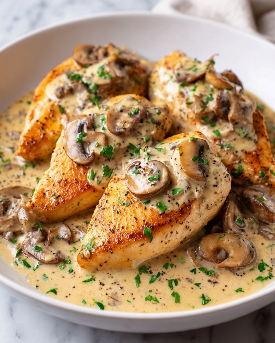 The dish shows five golden-brown cooked chicken pieces arranged in a white bowl, covered generously with creamy beige mushroom sauce that has sliced mushrooms visible in it. On top of the chicken and sauce, there is a fresh green chopped herb garnish scattered mostly in the center, adding a contrast of color. The sauce looks smooth and rich, pooling gently around the chicken at the bottom of the bowl. The background is a white marbled texture, bringing out the colors and textures of the dish clearly. photo taken with an iphone --ar 4:5 --v 7