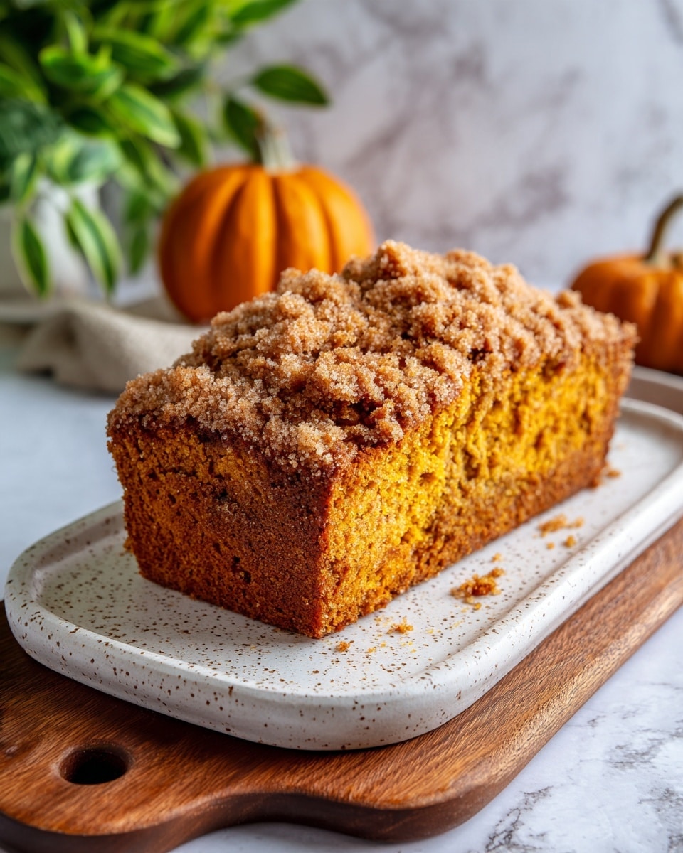 A loaf of golden-brown pumpkin bread with a crumbly texture is placed on a white oval plate with small dark speckles. The bread has one visible layer and is topped with a thick, coarse, light brown sugar and cinnamon crumb layer that extends down the sides. The plate rests on a wooden cutting board with a hole at one corner, and there is some crumb topping spilled over onto the plate’s edge. In the background, there is a blurred orange pumpkin and some green leafy herbs, all set on a white marbled surface. photo taken with an iphone --ar 4:5 --v 7