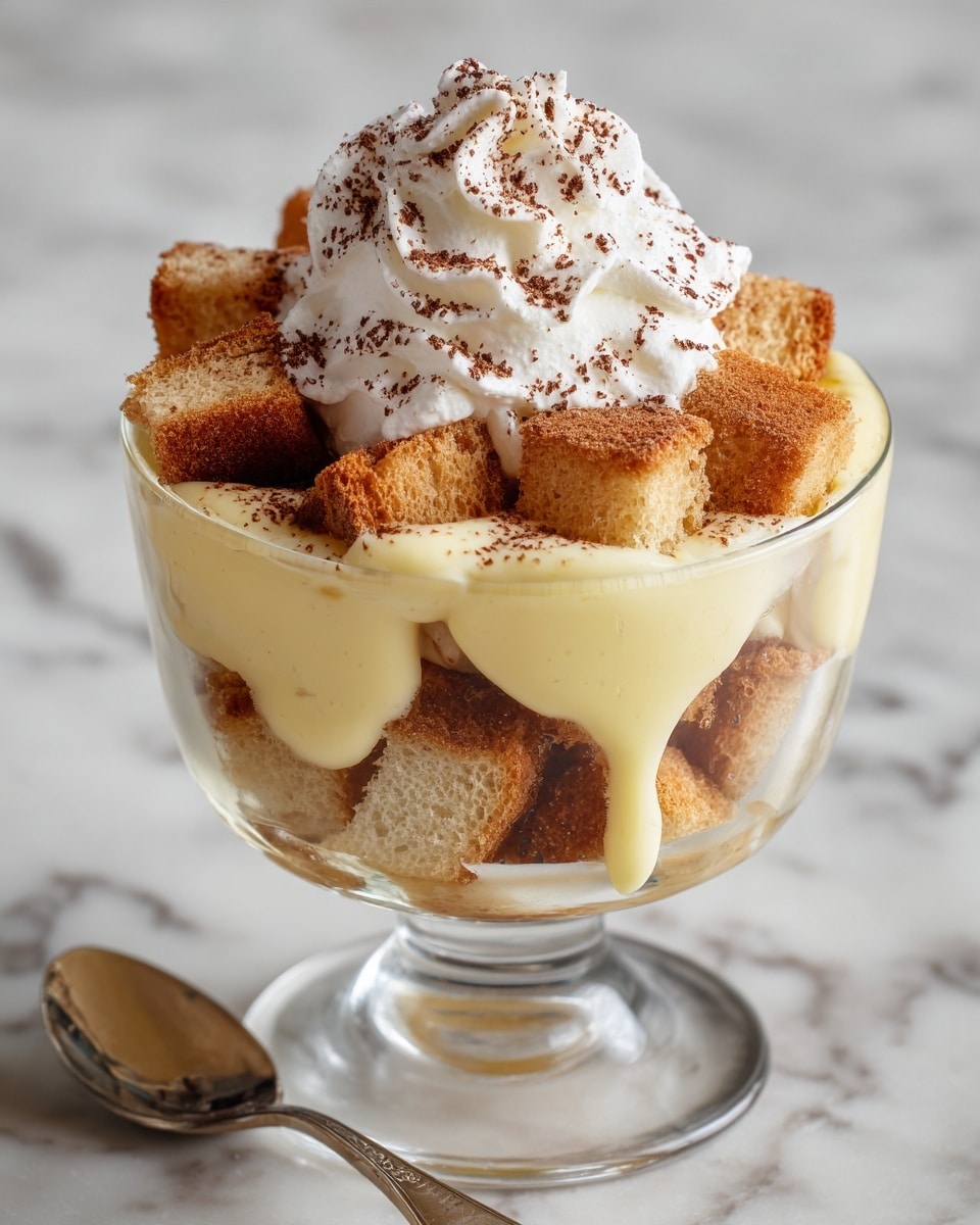 A clear glass dessert cup with a round base holds a layered treat featuring three distinct layers: the bottom layer is chunky light brown bread cubes, the middle layer is smooth and thick pale yellow custard that drips slightly down the bread, and the top layer is a dollop of white whipped cream sprinkled with dark brown cocoa powder. The glass is set on a white marbled surface that softens the background. Photo taken with an iphone --ar 4:5 --v 7