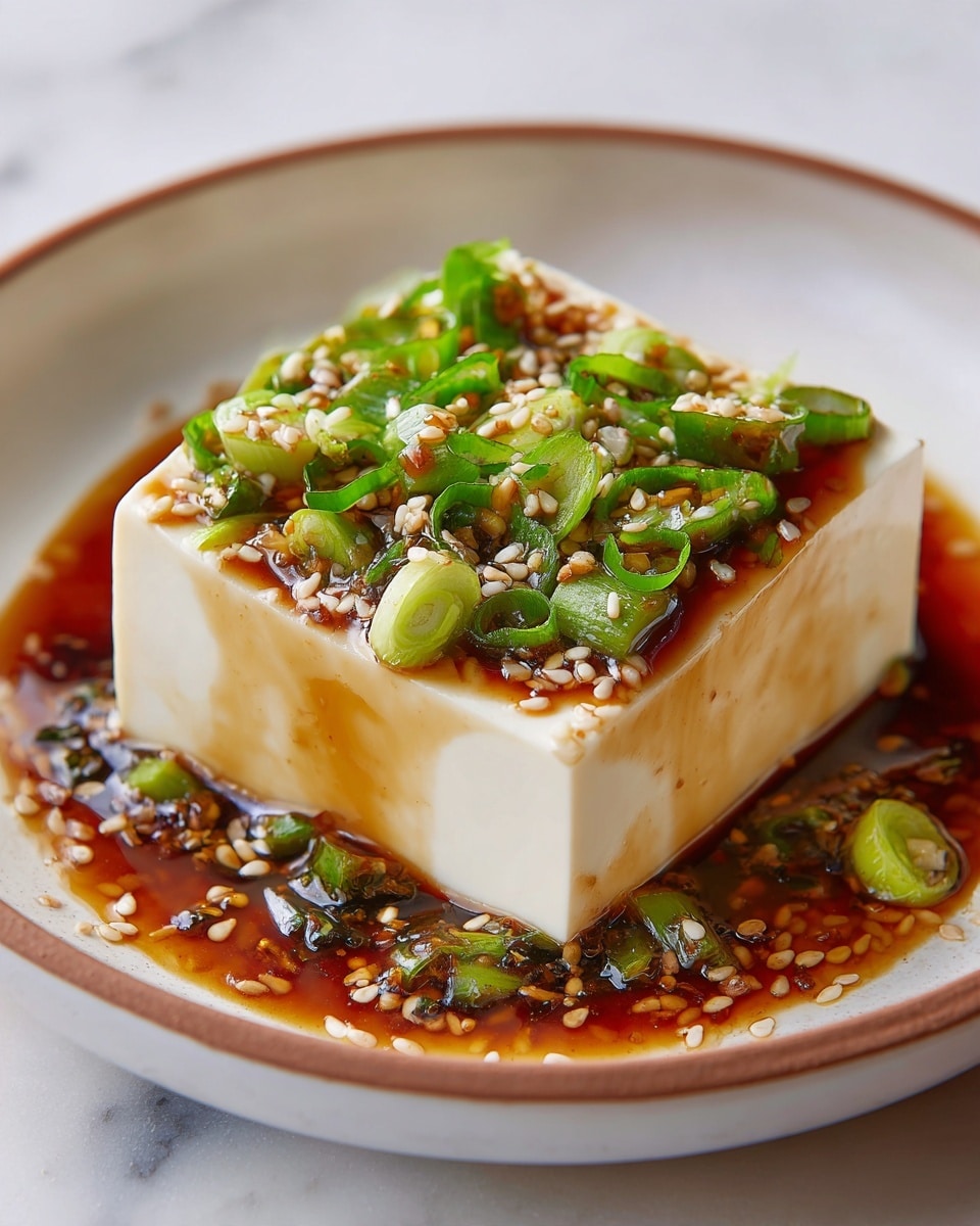 A single thick square piece of white tofu sits at the center of a white plate with a subtle speckled pattern and thin brown rim. The tofu is covered with a shiny, rich brown sauce that pools around its base. On top, a generous layer of chopped green onions and sprinkled white sesame seeds adds fresh green and creamy white colors. The sauce looks glossy and slightly sticky, with more green onions and sesame seeds scattered in the sauce around the tofu. The plate rests on a white marbled surface. photo taken with an iphone --ar 4:5 --v 7