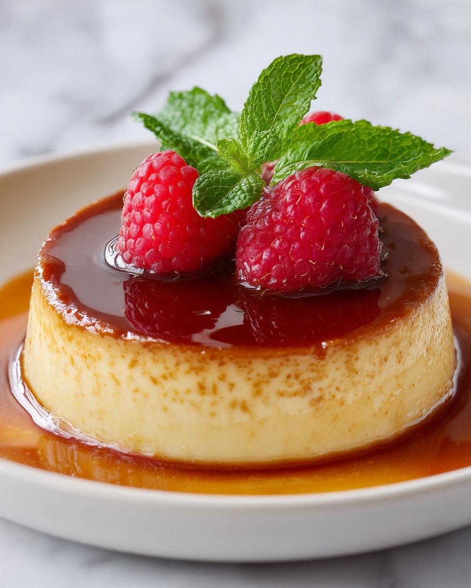 A smooth, creamy custard dessert with a pale yellow base layer topped with a glossy, dark amber caramel layer that gently drips down the sides. Two bright red raspberries and a small green mint leaf sit on top, adding a fresh pop of color. The dessert is presented on a white plate with a subtle textured pattern, and the plate rests on a white marbled surface. The caramel sauce pools slightly around the base of the custard. photo taken with an iphone --ar 4:5 --v 7