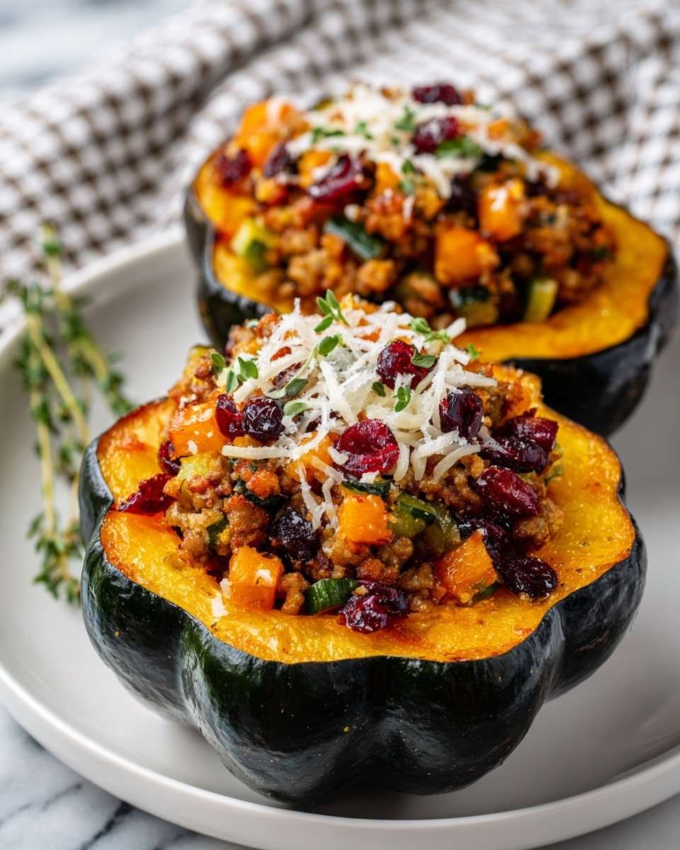 Two halves of roasted acorn squash sit on a white plate on a white marbled surface. Each squash half has three layers: the outer dark green and orange roasted skin, a thick bright orange soft roasted flesh as the middle layer, and a top layer filled with a stuffing mixture. The stuffing is colorful, with light brown crumbled sausage, small orange squash pieces, dark red dried cranberries, pale chopped onions, green herbs, and a light sprinkling of shredded white cheese, garnished with fresh green herbs. The scene is warm and inviting with a close-up view. Photo taken with an iphone --ar 4:5 --v 7
