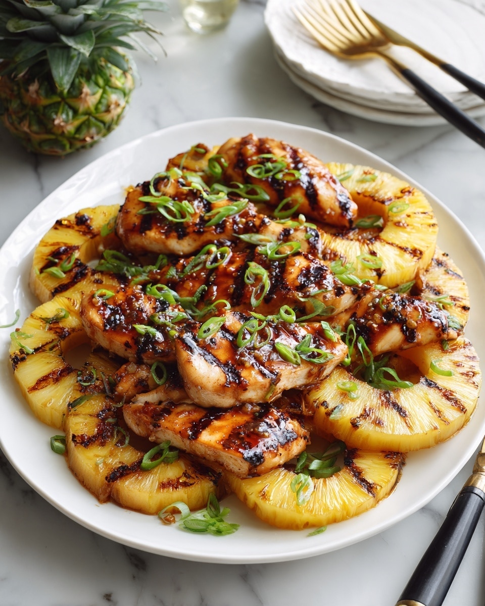 A white plate holds three layered grilled chicken breasts topped with round slices of grilled pineapple. The browned, slightly charred grill marks cross the golden-yellow pineapple rings and the light brown chicken, which is glazed with a shiny, thick, dark caramel-colored sauce. Small green garnish pieces are sprinkled over the dish. The plate is placed on a white marbled texture surface with part of a fresh pineapple, a white plate with gold cutlery, and scissors visible around. Photo taken with an iphone --ar 4:5 --v 7