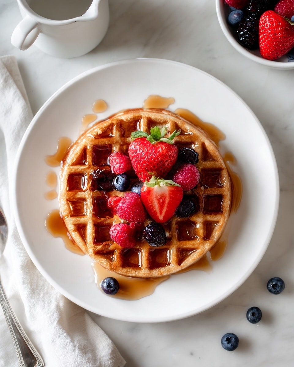A single golden-brown waffle is centered on a round white plate, showing its thick, crispy texture with deep square pockets. On top of the waffle, there is a mix of fresh berries: two sliced strawberries with vibrant red color and green leafy tops, several red raspberries with a bumpy surface, and many plump, dark blue blueberries scattered evenly. Light amber syrup is drizzled over the waffle and berries, filling some pockets and slightly pooling around the edges. The plate rests on a white marbled surface with scattered blueberries and raspberry around, a white cup filled with liquid partly visible on the left, and part of another white plate with pancakes in the upper right corner. photo taken with an iphone --ar 4:5 --v 7