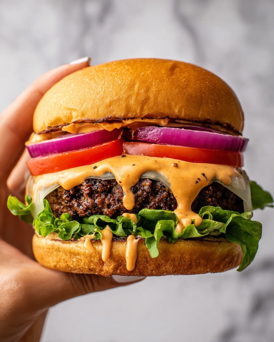 A close-up view of a thick burger held by two woman's hands, featuring a shiny, soft golden-brown bun top. Below the bun is a layer of creamy, slightly chunky orange sauce dripping down the sides, covering a melted white cheese layer that sits on a dark, juicy beef patty with a charred texture. Under the patty, there is a thick slice of red tomato, followed by two slices of purple-red onion rings. At the bottom, there is a fresh green leaf of lettuce coated with some of the orange sauce. The background shows a white marbled surface. photo taken with an iphone --ar 4:5 --v 7