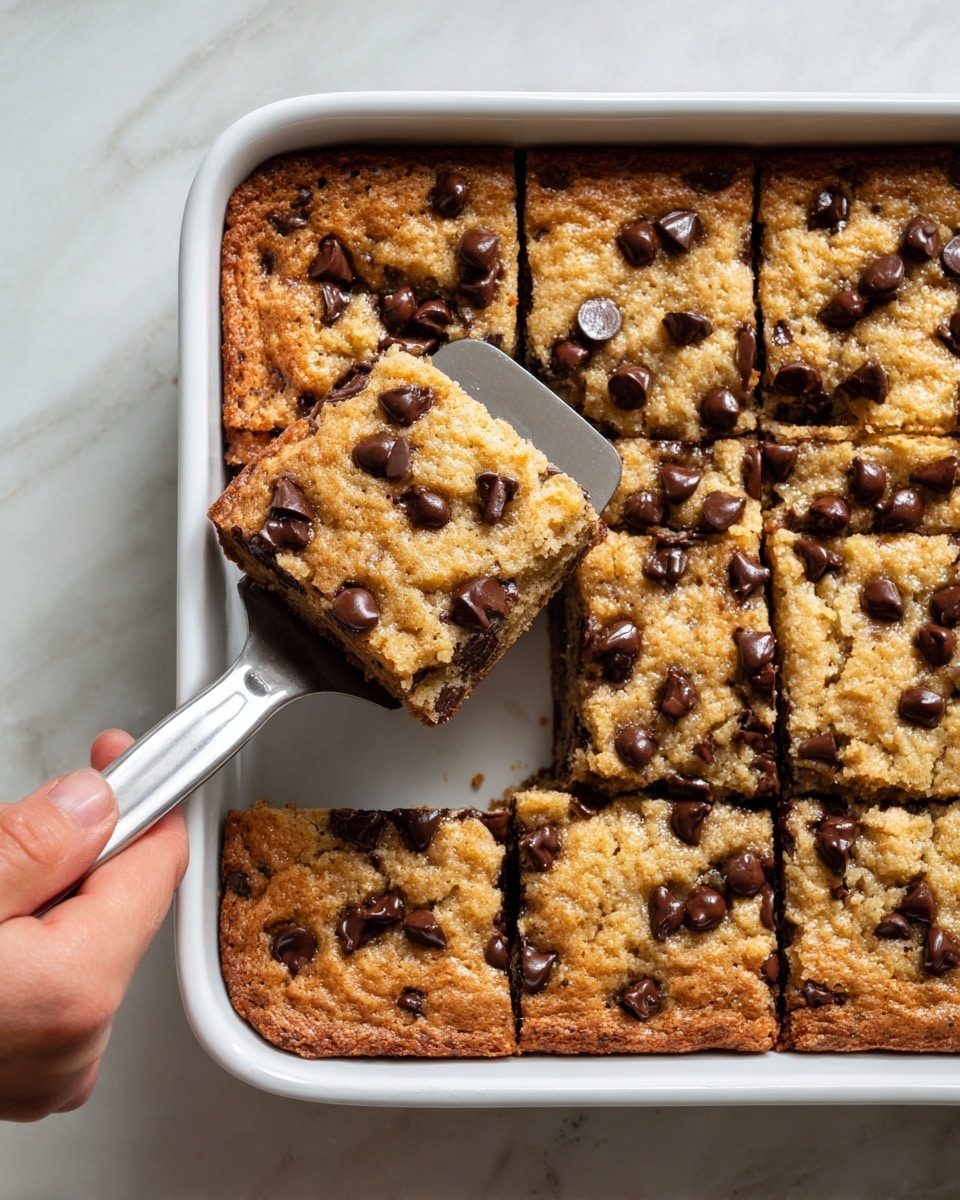 The image shows a close-up of a rectangular baking dish with a white color filled with golden brown baked bars cut into square pieces. The bars have a soft, crumbly texture with chocolate chips scattered on the top, some partly melted. One piece is lifted by a metal spatula with a white handle, revealing a thick inside layer that looks chewy. In the bottom left corner, a woman's hand holds the spatula gently. The surface under the dish is a white marbled texture. Photo taken with an iphone --ar 4:5 --v 7