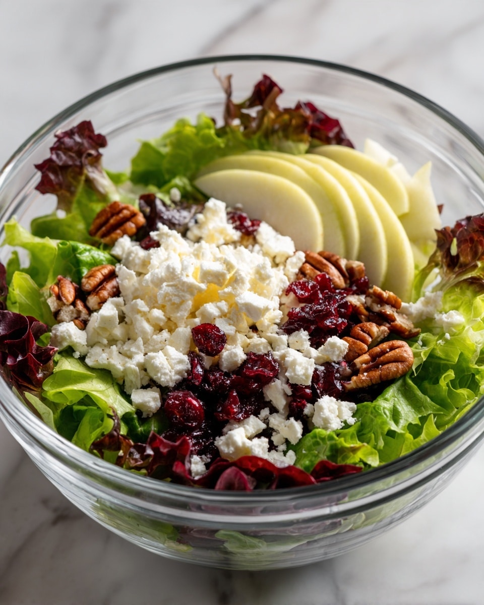A fresh salad in a clear glass bowl sits on a white marbled surface, featuring three main layers: the bottom green leafy layer is a mix of crisp romaine and darker red leaf lettuce, with vibrant green and reddish textures. On top of this are thin, overlapping slices of pale green apple arranged in neat stacks across the salad. The final layer has scattered chunks of white cheese, small pieces of brown pecans, and bright red dried cranberries spread evenly over the apples and greens, adding texture and color contrast. photo taken with an iphone --ar 4:5 --v 7