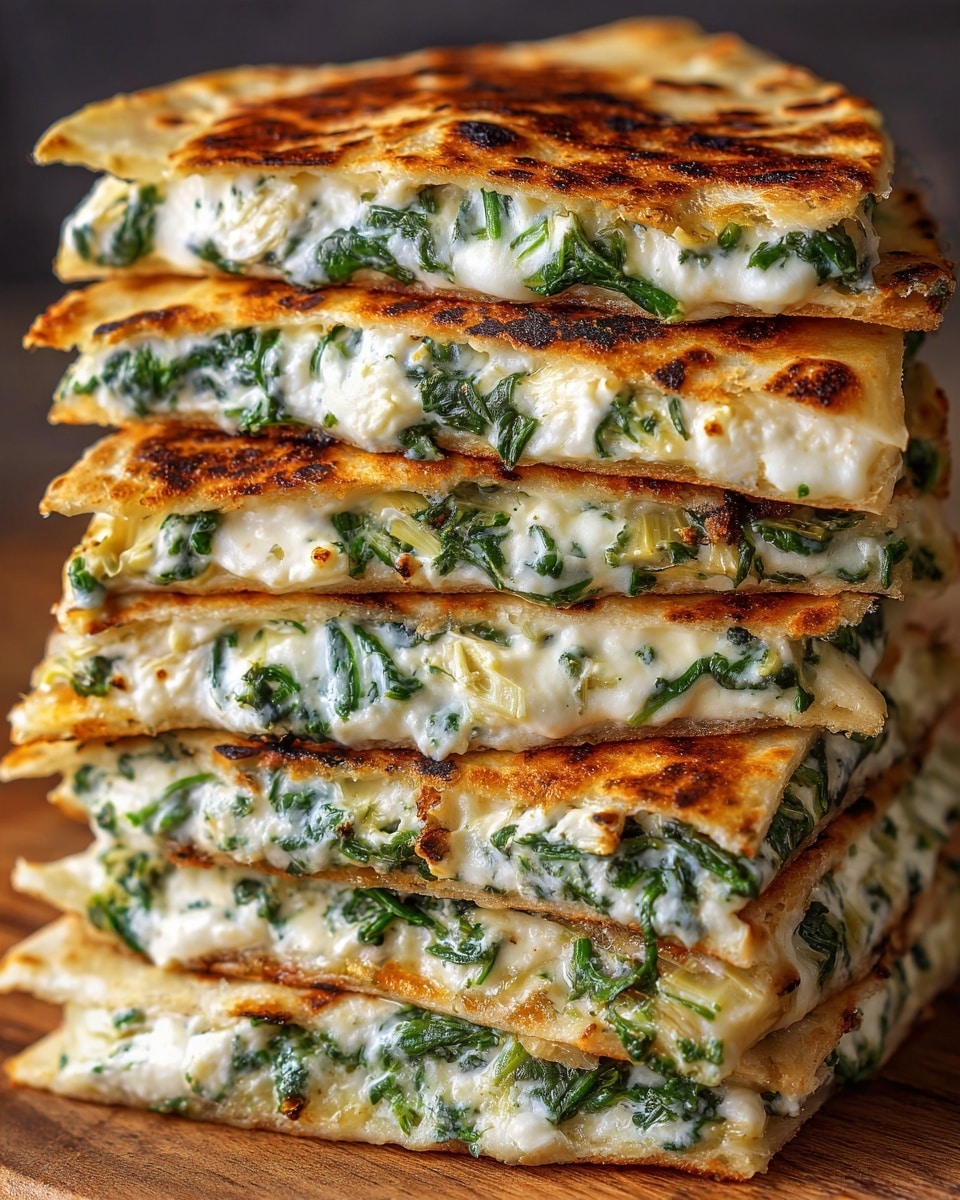 A tall stack of spinach and artichoke quesadilla triangles is shown close up, with seven layers visible. Each layer is made of lightly toasted, golden-brown flour tortillas filled with creamy white cheese mixed with green spinach and small bits of artichoke. The melted cheese looks soft and slightly gooey, oozing between the crispy tortillas. The stack sits on a wooden surface with the background softly blurred. photo taken with an iphone --ar 4:5 --v 7