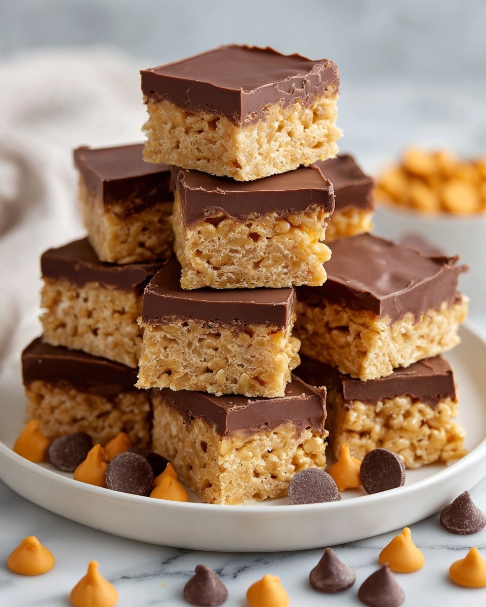 A white plate holds stacked square rice crispy treats, each piece showing two layers: a bottom layer of light golden crispy cereal with a rough texture, and a smooth, glossy milk chocolate layer on top. The pieces are arranged in a small pyramid on a white marbled surface, with scattered mini chocolate and peanut butter chips around the base, adding small pops of dark brown and tan color. The chocolate layer has subtle waves and a shiny finish. Photo taken with an iphone --ar 4:5 --v 7