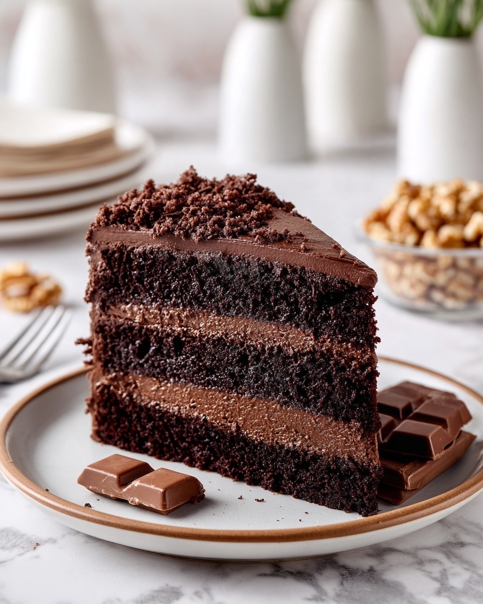 A thick slice of chocolate cake with two dark, moist layers sits on a white plate. Between the layers is a rich, smooth chocolate filling. On top of the cake, there is a chunky, crumbly chocolate topping that looks soft and textured. The plate is placed on a white marbled surface, with pieces of chocolate bars and a golden fork nearby. In the background, there are tall white jugs and a glass bowl with more chocolate crumbs. Photo taken with an iphone --ar 4:5 --v 7