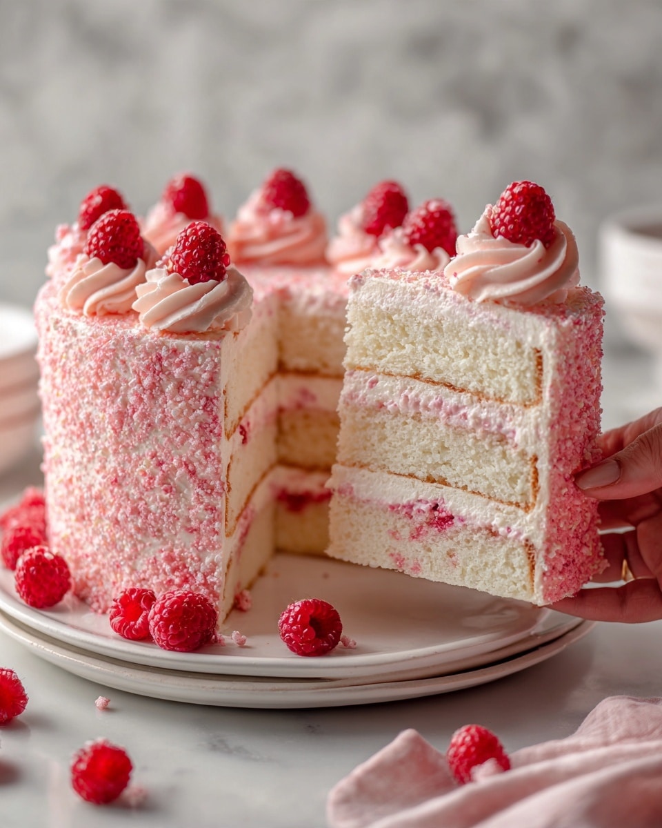 The image shows a tall, round cake with three visible layers inside, each layer pale pink with creamy white filling in between. The outside of the cake is covered in fine pink sprinkles with a textured look. On top, there are several fresh red raspberries placed evenly, some with small swirls of pink cream under them. Around the cake on a white plate, there are more scattered fresh raspberries and a woman's hand holding a slice of the cake, lifting it away. The background features a white marbled texture with soft, natural lighting. Photo taken with an iphone --ar 4:5 --v 7