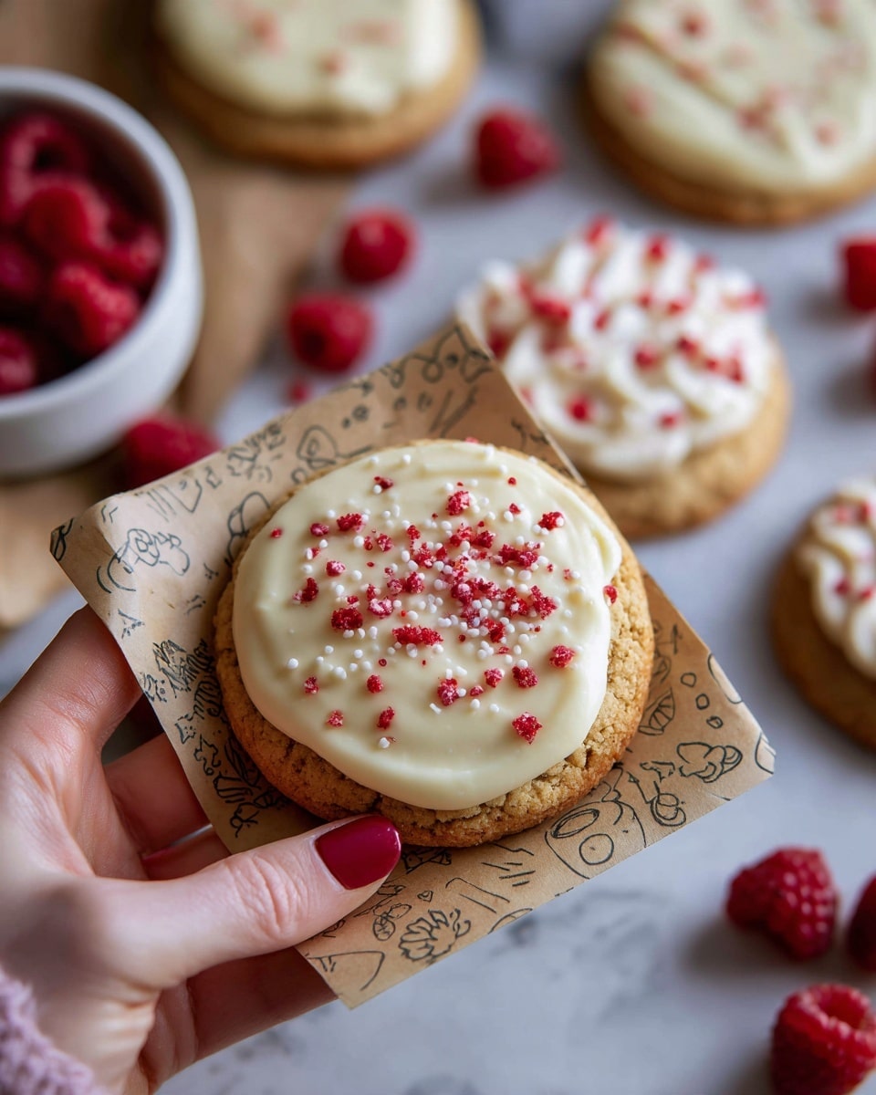 The image shows a close-up of a woman's hand holding a round cookie wrapped partially in beige paper with small brown drawings. The cookie is thick and covered with a smooth, creamy white frosting topped with small red sprinkles scattered evenly. In the background, there is a white plate with more cookies, each layered with white frosting and red sprinkles. Fresh red strawberries are placed around the scene on a white marbled surface, adding a bright contrast. The lighting makes the frosting shine softly, showing a rich, smooth texture. Photo taken with an iphone --ar 4:5 --v 7