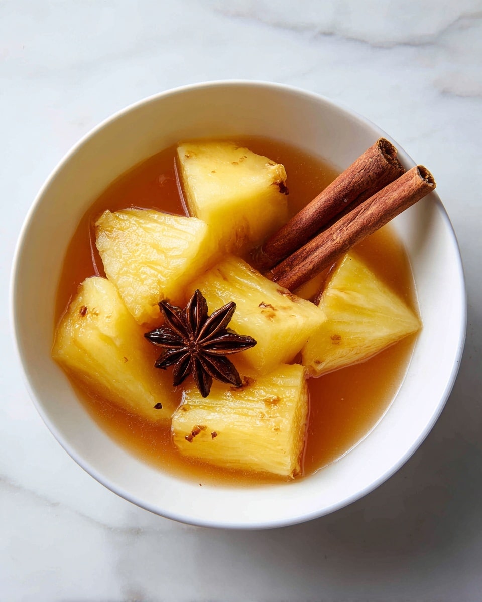 A white bowl filled with a warm, amber-colored liquid, holding six large pieces of yellow pineapple floating on top. Among the pineapple chunks, there are two visible dark brown cinnamon sticks and one star anise, adding texture and contrast to the smooth liquid. The liquid has fine specks of spices, lightly dusting the pineapple pieces, creating a cozy, spiced appearance. The bowl sits on a white marbled surface, enhancing the fresh and clean setting. photo taken with an iphone --ar 4:5 --v 7