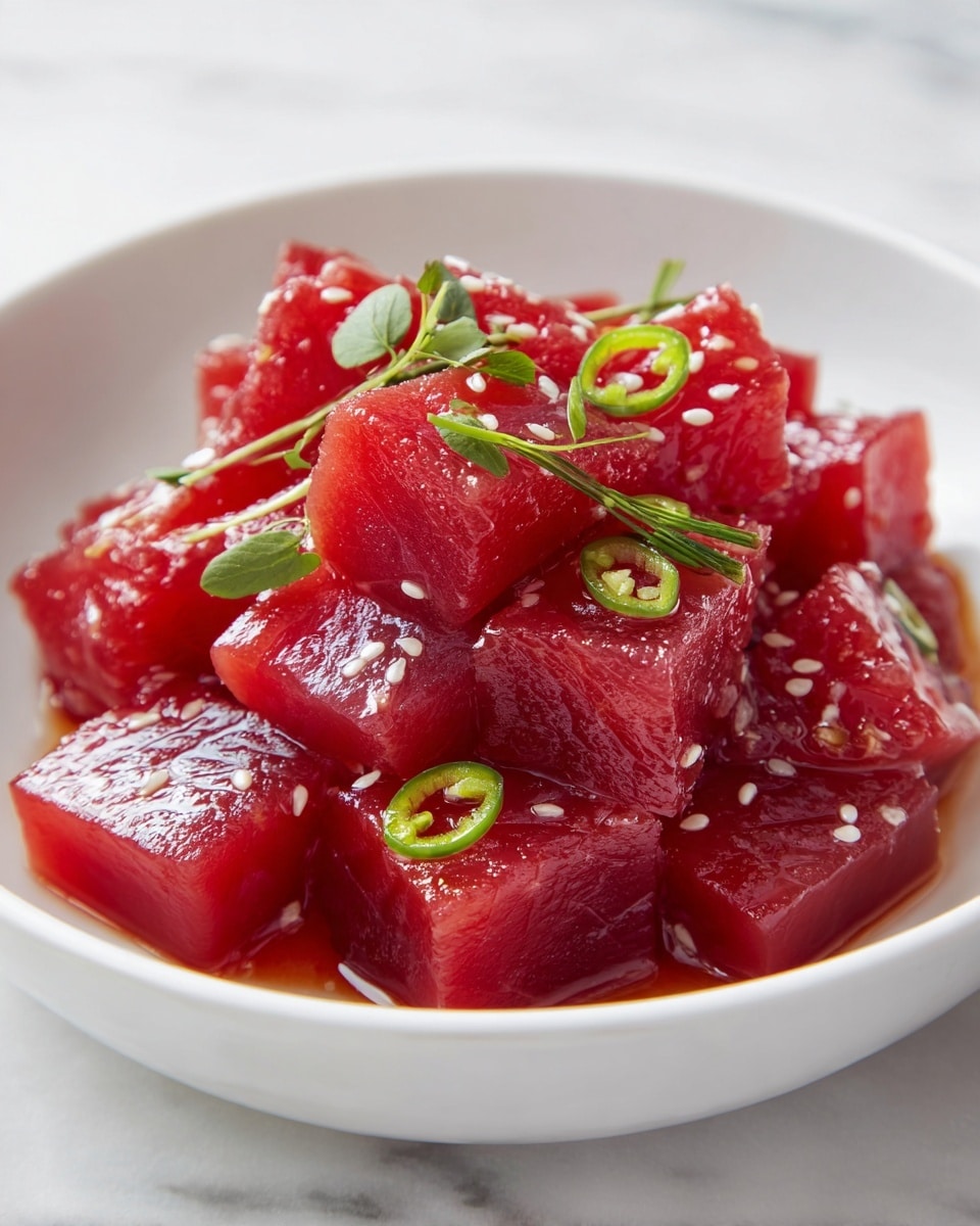 A white bowl filled with glossy, deep red cubes of raw tuna neatly piled up, each cube glistening with a light sauce. Thin, bright green slices of chili peppers and small green herb leaves are scattered evenly over the tuna, adding fresh color contrast. Tiny white sesame seeds are sprinkled on top, enhancing texture and detail. The bowl sits on a white marbled surface, softly lit to highlight the fresh and juicy look of the tuna. photo taken with an iphone --ar 4:5 --v 7