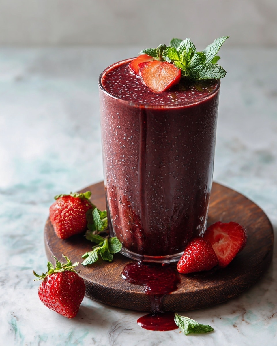 A tall clear glass filled with a thick dark red smoothie dotted with tiny black seeds, topped with two halved bright red strawberries and fresh green mint leaves, sitting on a round dark wooden coaster with some red smoothie dripping on it. Around the glass are three whole strawberries and two halved strawberries placed on a white marbled textured surface. The smoothie looks rich and smooth with a glossy surface. photo taken with an iphone --ar 4:5 --v 7