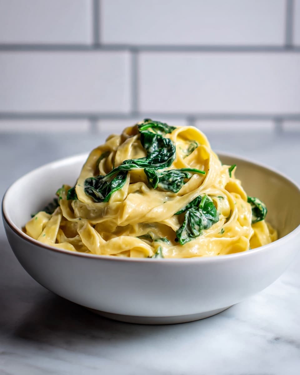 A white bowl filled with creamy fettuccine pasta, layered with smooth, pale yellow sauce that coats each noodle. Dark green spinach leaves are scattered throughout, resting on top and mixed inside, adding contrast to the light sauce. The pasta looks soft and slightly glossy, piled in the center of the bowl. The bowl sits on a surface with white marbled texture and a white subway tiled background is blurred behind it. photo taken with an iphone --ar 4:5 --v 7