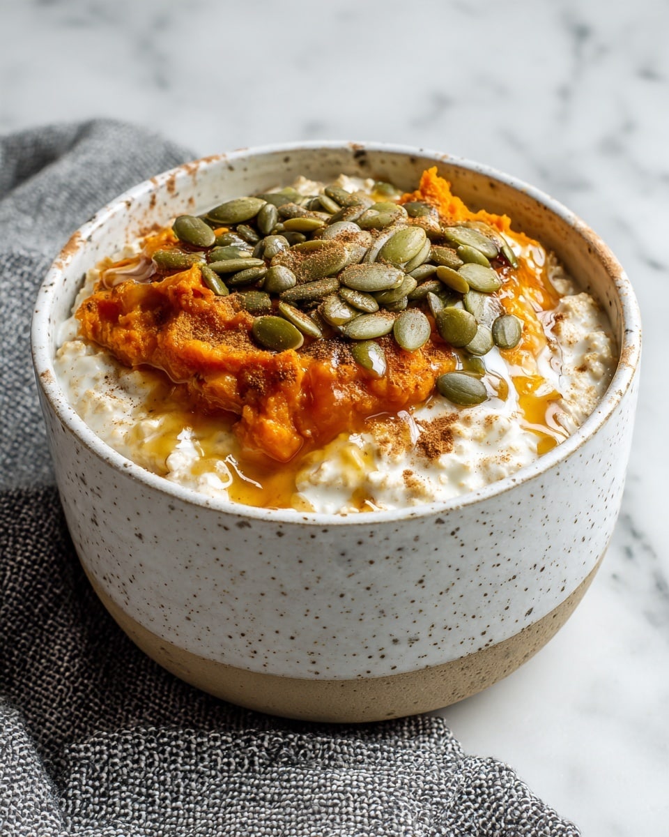 A white bowl with brown speckles holds a dish with two main layers: the bottom layer is creamy light beige oatmeal with a soft, smooth texture, and the top layer is a thick, bright orange mash centered in the bowl. The orange mash is sprinkled with a light dusting of dark brown cinnamon and topped with oval green pumpkin seeds, some of which have a shiny glaze. The bowl sits on a white marbled surface, with a piece of beige fabric in the background. photo taken with an iphone --ar 4:5 --v 7