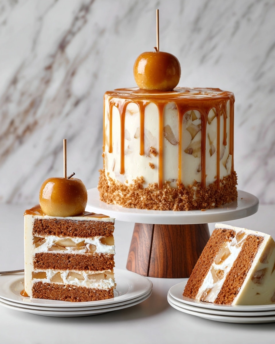 A three-layer cake stands on a wooden stand with a white marbled texture surface. Each cake layer is brown with a soft crumb texture, separated by white cream and a shiny caramel filling with small apple pieces visible inside. The whole cake is covered with smooth light beige cream with caramel sauce dripping down the sides, creating a glossy effect. On top of the cake sits a round caramel-coated cake pop with a stick inserted in the center. In the foreground, two slices of the cake are placed on brown plates on the white marbled surface, showing the same layers and fillings. The background is a soft beige color, softly lit to highlight the textures. Photo taken with an iphone --ar 4:5 --v 7