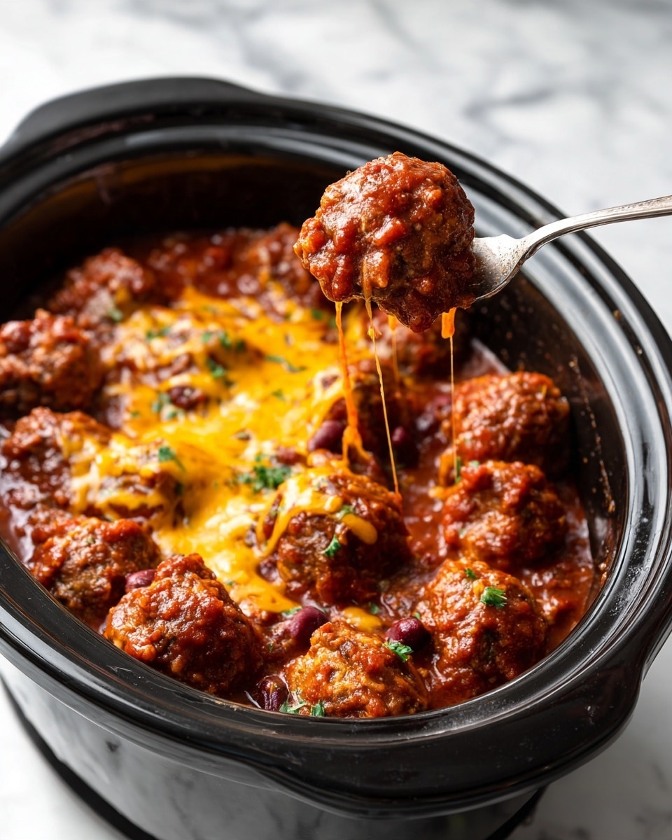 A black slow cooker filled with multiple brown meatballs covered in a thick red sauce with visible pieces of green peppers, red kidney beans, and diced red tomatoes, all topped with melted bright orange-yellow cheese that stretches as a fork lifts one meatball out from the center, showing gooey cheese strands hanging down. The slow cooker sits on a white marbled texture surface. photo taken with an iphone --ar 4:5 --v 7