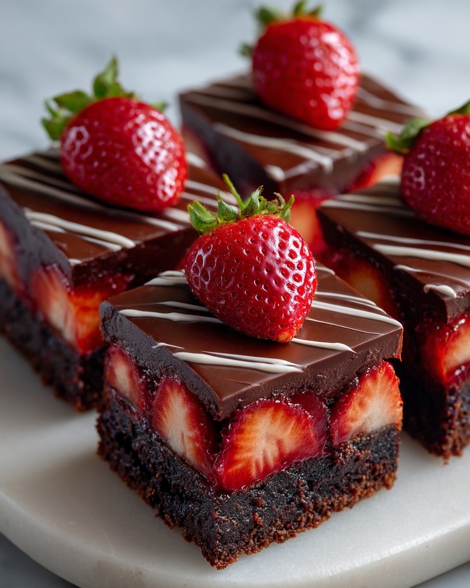 A white square plate holds four square brownies, each with three layers visible: a dark, crumbly chocolate base; a middle layer filled with bright red strawberry slices embedded in glossy dark chocolate; and a smooth, shiny chocolate top layer drizzled with thick lines of darker chocolate. Each brownie is topped with a fresh half strawberry, vibrant red with green leaves. The plate sits on a red and white cloth on a white marbled surface. photo taken with an iphone --ar 4:5 --v 7