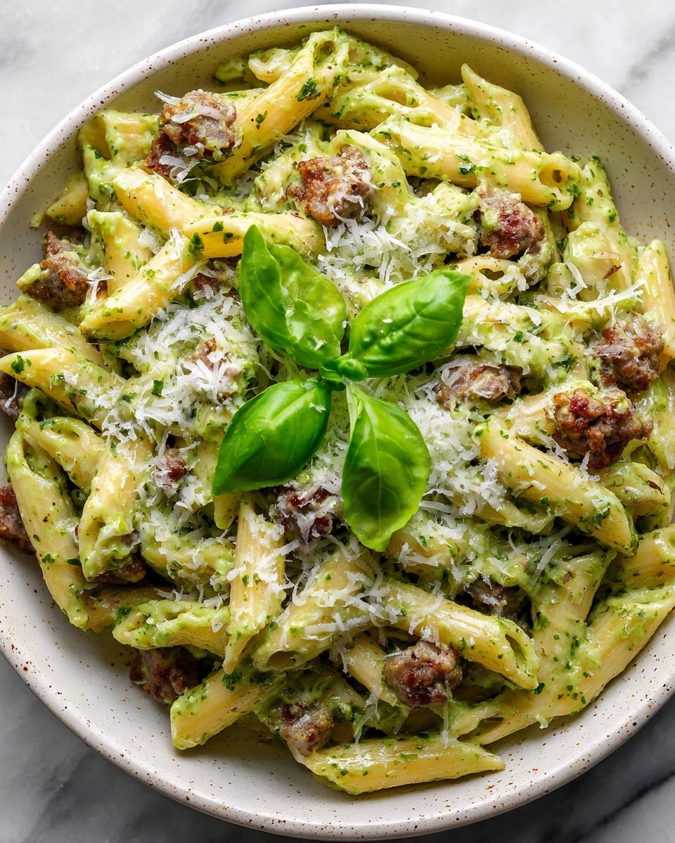 A close-up of a plate of penne pasta coated in a green pesto sauce, with small pieces of cooked sausage mixed throughout. The pasta is topped with a layer of finely grated white cheese and garnished with fresh, dark green basil leaves scattered on top. The dish is served on a white plate with a wooden rim, placed on a white marbled surface. The textures show the smooth sauce covering the ridged pasta and the crumbly cheese adding contrast. photo taken with an iphone --ar 4:5 --v 7