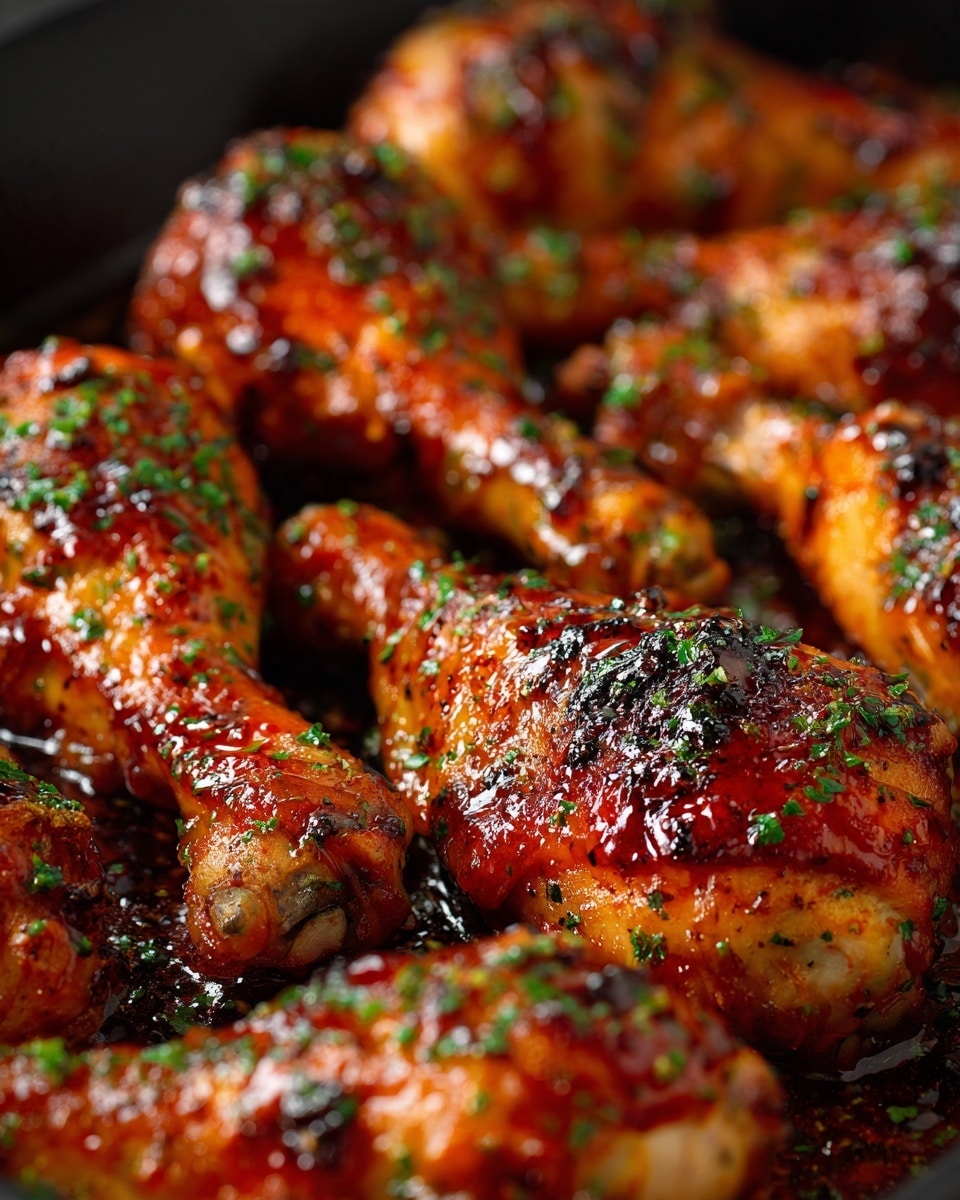 A close-up view of a black dish filled with multiple glazed chicken drumsticks. Each drumstick is coated with a shiny, dark reddish-brown sauce that is thick and sticky, showing slight charring and caramelization in spots. The drumsticks are arranged closely, overlapping in layers, and garnished lightly with small green herb bits that add color contrast. The glossy texture of the sauce highlights the crispy, cooked skin of the chicken. The dish is placed on a white marbled surface. Photo taken with an iphone --ar 4:5 --v 7