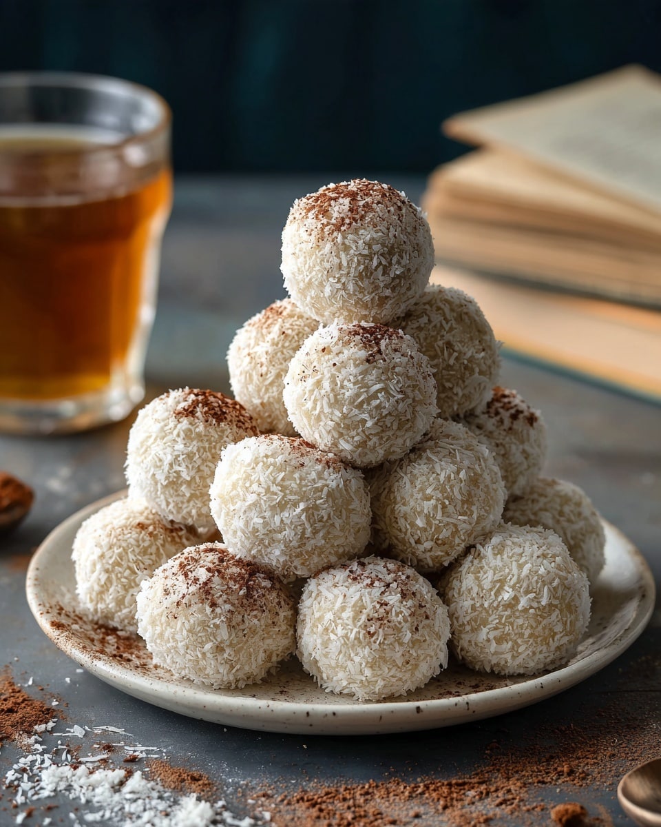 A white plate holds a pyramid stack of round dessert balls, each covered in white flakes that look like coconut and lightly dusted with brown cocoa powder on top and around the plate. The balls have a rough texture from the coconut coating, and the stack shows three layers: the base layer with five balls, the middle with three balls, and one ball on top. The plate sits on a dark wooden surface with scattered cocoa powder. In the background, there is a slightly blurred glass filled with amber liquid and a blurry old book with a beige cover, all set against a white marbled texture. photo taken with an iphone --ar 4:5 --v 7