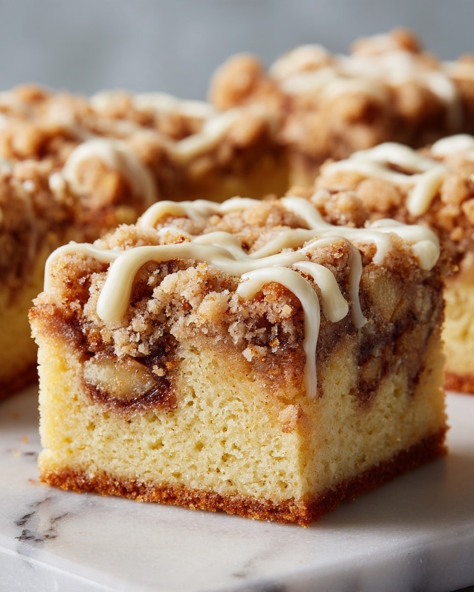 A close-up view of several square apple crumb bars, each having three distinct layers: a golden-brown crumb base, a middle layer with chunks of light yellow apple pieces mixed with a cinnamon swirl, and a crumbly topping with small, golden, coarse crumbs drizzled with a thin white icing. The bars are placed on a white marbled texture, and the crumb topping looks soft but slightly crunchy. Photo taken with an iphone --ar 4:5 --v 7