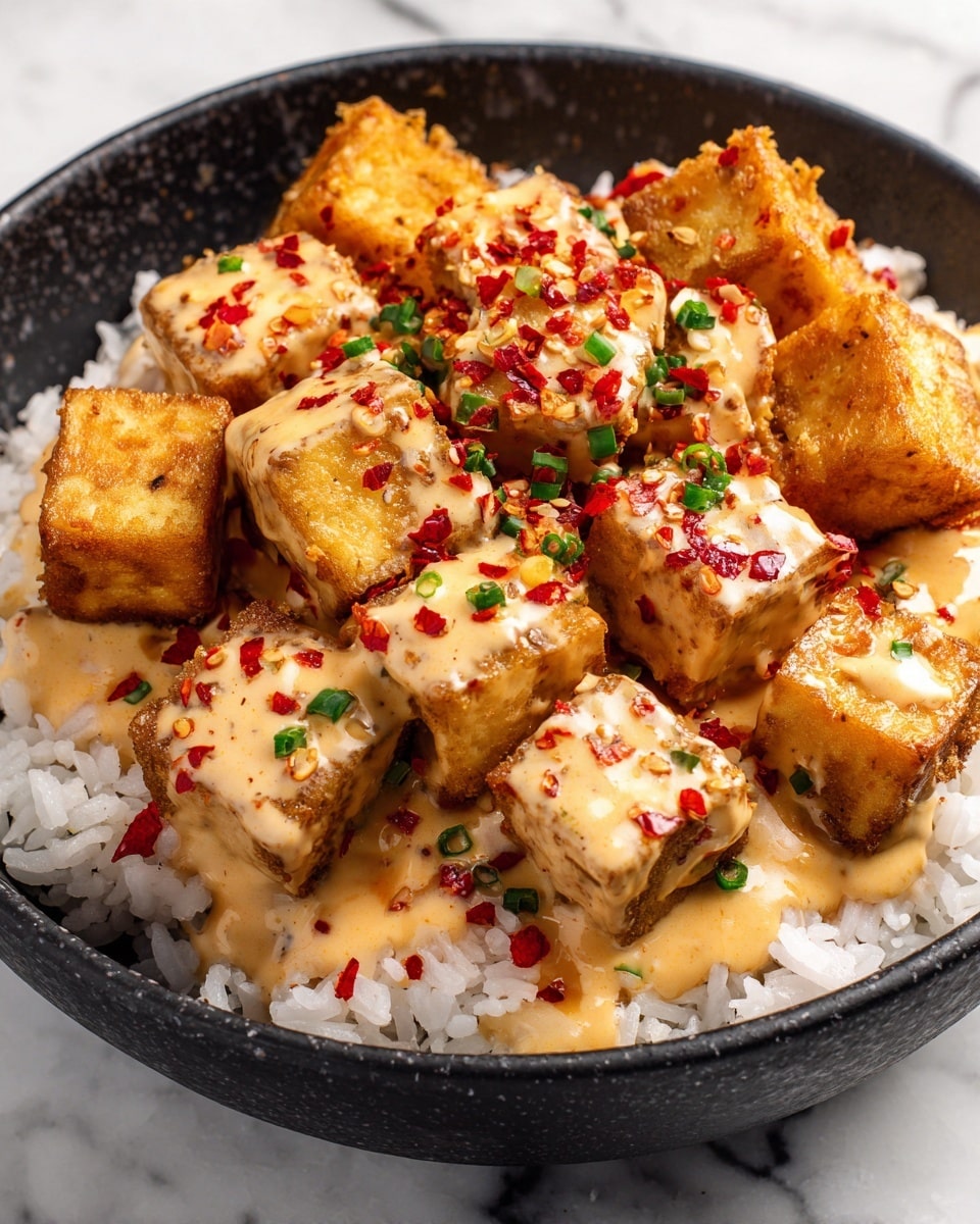 A black bowl holds a dish with three layers. The bottom layer is white rice with soft texture. On top, there are golden brown fried tofu cubes, with a crispy look on the outside. The top layer is creamy light orange sauce draped over the tofu, with red chili flakes scattered throughout. Small pieces of green chopped chives are sprinkled over the sauce, adding contrast. The whole bowl sits on a white marbled surface. photo taken with an iphone --ar 4:5 --v 7