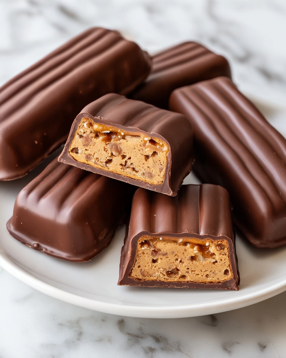The image shows several small pretzel candy bars with a smooth dark brown chocolate coating on the outside. One candy bar is cut in half, revealing a soft, light brown date filling with visible small pieces inside. The candy bars have a ridged pattern from the chocolate coating and are placed on a clean white plate. The background is a white marbled surface. The photo taken with an iphone --ar 4:5 --v 7