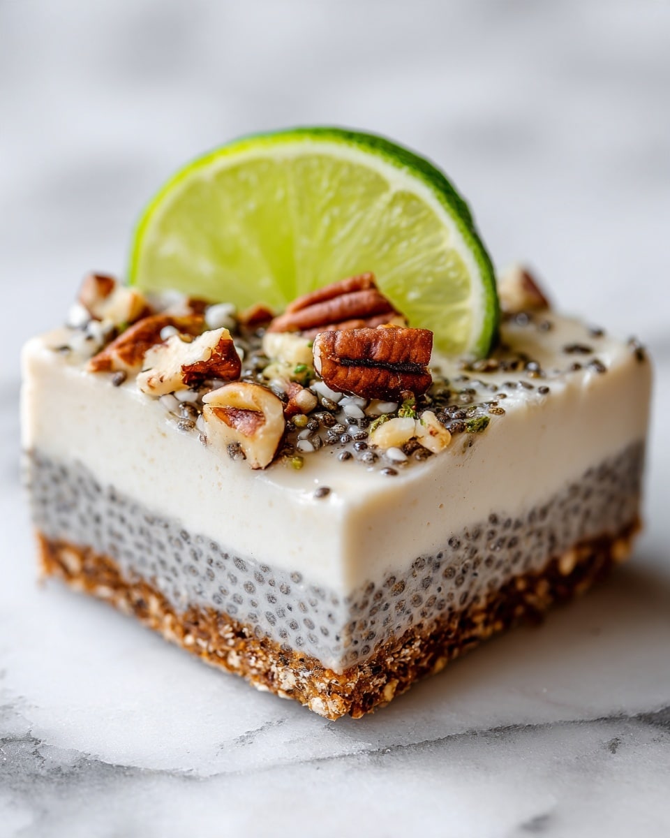 The image shows a square chia pudding bar with three visible layers: the bottom layer is light brown and crunchy, the middle layer is creamy white with dark chia seeds evenly spread throughout, and the top layer is creamy white topped with chopped nuts and seeds. A slice of lime with its bright green color and textured peel rests on top, adding a fresh look. The bar sits on a white marbled surface. The texture of the chia pudding layer looks smooth and creamy, with the crunchy bottom and nutty topping providing contrast. The photo is clear and bright, capturing the details of the chia seeds and nuts well. photo taken with an iphone --ar 4:5 --v 7