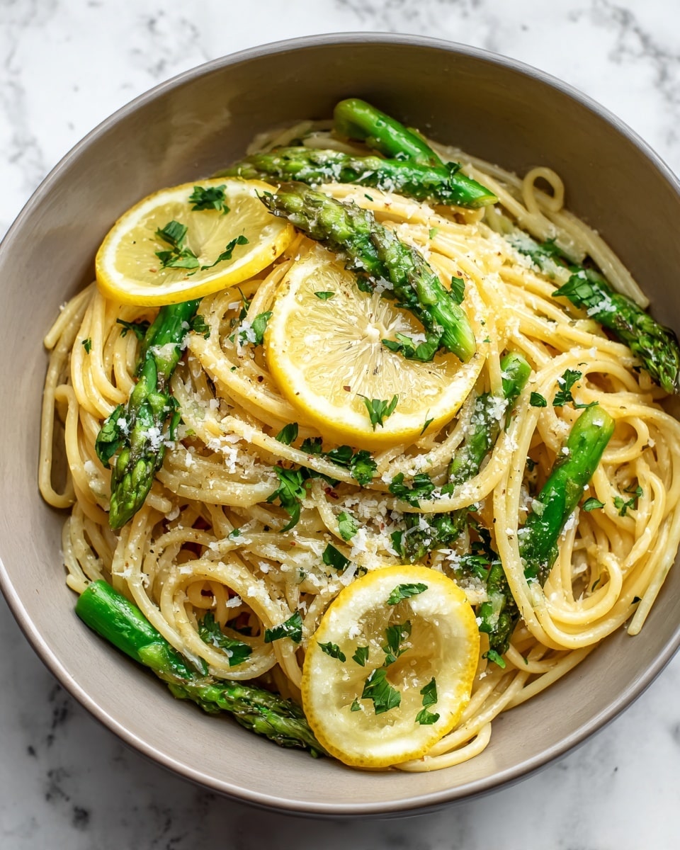 A deep bowl filled with spaghetti pasta layered with bright green asparagus pieces and thin lemon slices on top, garnished with finely chopped fresh herbs and sprinkled with white grated cheese. The pasta looks glossy and lightly coated with oil, and the asparagus adds a fresh, crisp texture with its firm green tips. The lemon slices bring a pop of yellow color scattered among the spaghetti strands. The bowl is on a white marbled surface, adding a clean and simple look to the image. Photo taken with an iphone --ar 4:5 --v 7
