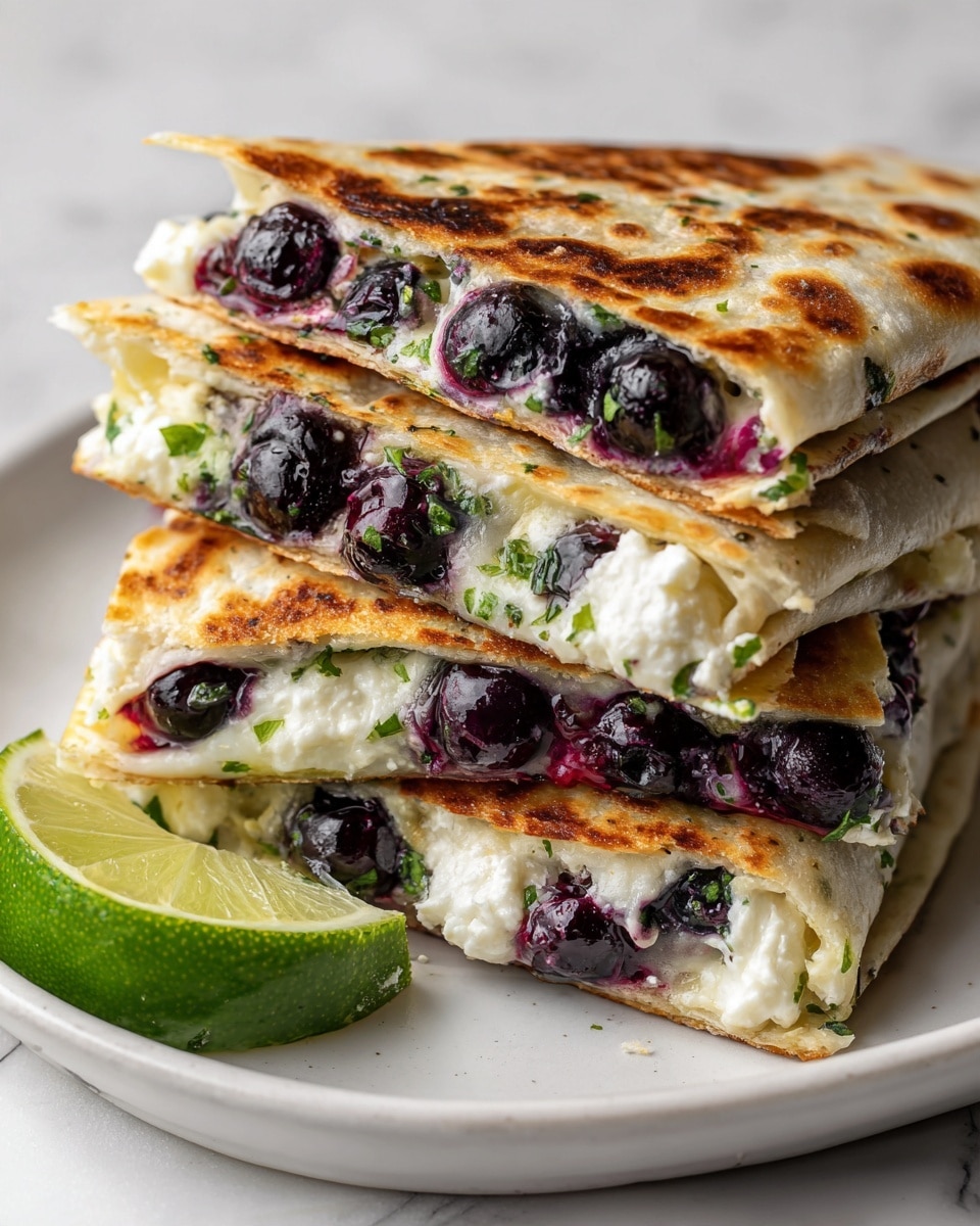 The image shows a close-up of three folded quesadilla pieces stacked on a white plate. Each quesadilla has a golden brown, slightly crispy outer layer of tortilla with light char marks. Inside, there are three visible layers: plump, juicy dark purple blueberries, creamy white cheese, and scattered green herb bits, possibly lime zest or parsley. The quesadilla pieces are arranged slightly overlapping, with a fresh green lime wedge placed near the edges on the plate. The background is a white marbled texture. Photo taken with an iphone --ar 4:5 --v 7