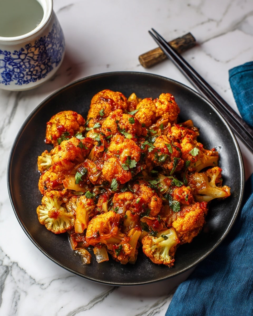 The image shows a black round plate filled with cooked cauliflower florets topped with a rich red sauce. The cauliflower stems are light green and slightly shiny, while the florets are orange from the sauce. The sauce has small bits of vegetables like onions and looks thick and vibrant. The plate sits on a white marbled surface with a pair of black chopsticks resting on the right side of the plate. A blue cloth is partially visible at the bottom right corner and a white ceramic cup with blue patterns is at the top left corner. photo taken with an iphone --ar 4:5 --v 7