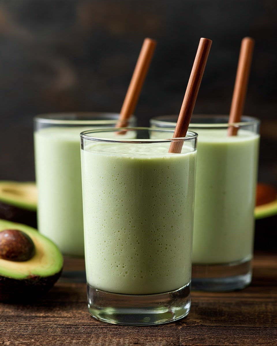 Three clear short glasses filled almost to the top with a smooth, light green creamy drink, each glass holding a brown straw standing upright in the center. The drink has small air bubbles visible on its surface and sides, showing a thick texture. The glasses are placed on a dark surface, and the background is dark and blurred. In the foreground, parts of halved avocados are visible, adding a fresh feel to the image. Photo taken with an iphone --ar 4:5 --v 7