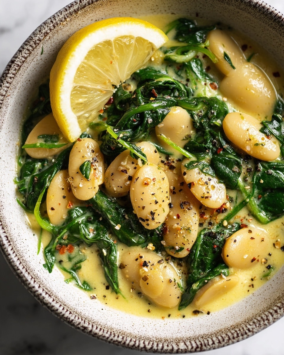 The image shows a close-up of a rich creamy dish in a speckled bowl with a textured rim. The dish has three main layers: large, light yellow butter beans that are soft and plump fill most of the space, surrounded by bright green spinach leaves that add color and texture, all sitting in a smooth, pale yellow creamy sauce. A large lemon wedge with bright yellow skin and pale flesh rests on the edge of the bowl. The mixture is topped with specks of black pepper. The background features a white marbled texture. photo taken with an iphone --ar 4:5 --v 7
