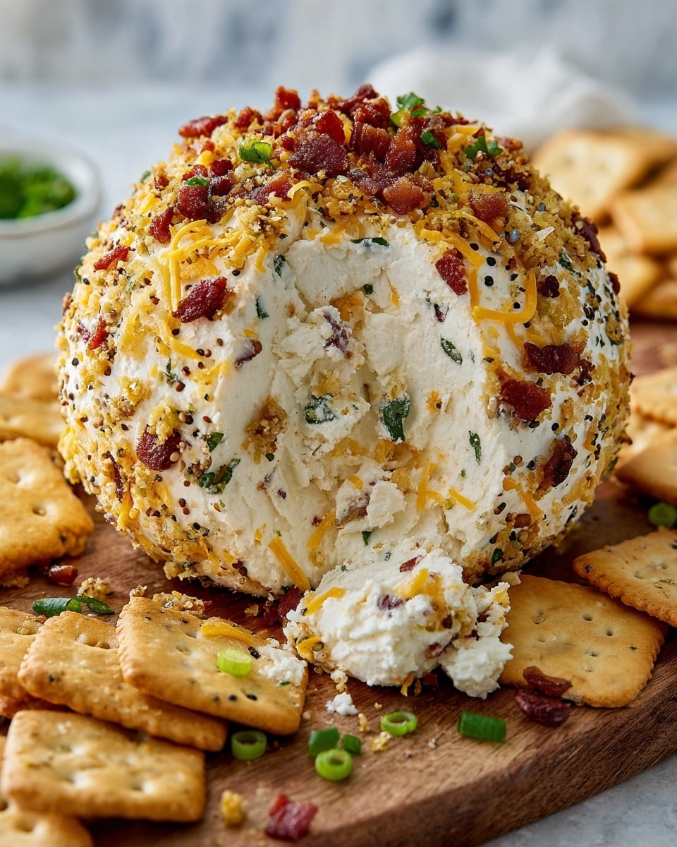 The image shows a round cream cheese ball with a thick outer layer covered in a mix of shredded yellow cheddar cheese, small brown and black seeds, green herbs, and small pieces of cooked bacon bits, giving it an uneven, textured surface. A large scoop has been taken out of the front, revealing the creamy white, smooth interior mixed with bits of green herbs and bacon. The cheese ball is placed on a wooden surface with scattered salted crackers around the bottom, some garnished with small green onion slices. In the background, there is a soft, white marbled texture, adding a clean contrast to the rich colors of the cheese ball and crackers. photo taken with an iphone --ar 4:5 --v 7