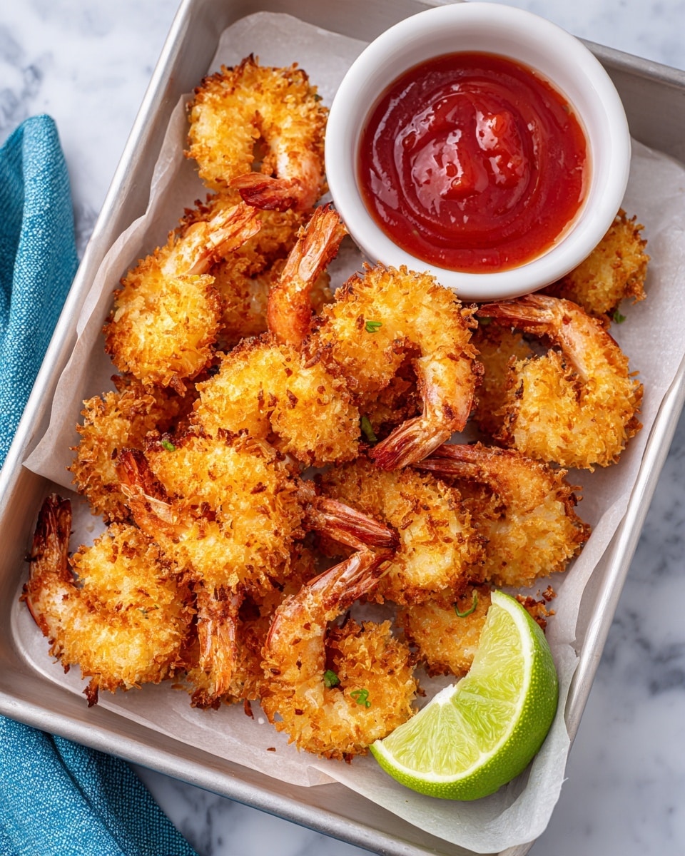 A white rectangular tray lined with white paper holds a pile of nine golden-brown, crispy breaded shrimp arranged mainly in the center and right side. On the top left corner of the tray, a small, round ceramic bowl filled with bright red dipping sauce sits next to a fresh lime wedge with a bright green peel and juicy light green inside, placed slightly to the right of the bowl. The shrimp coating looks crunchy and uneven, giving a textured appearance. The tray is set on a white marbled surface with a blue-gray cloth partially visible in the bottom left corner. Photo taken with an iphone --ar 4:5 --v 7