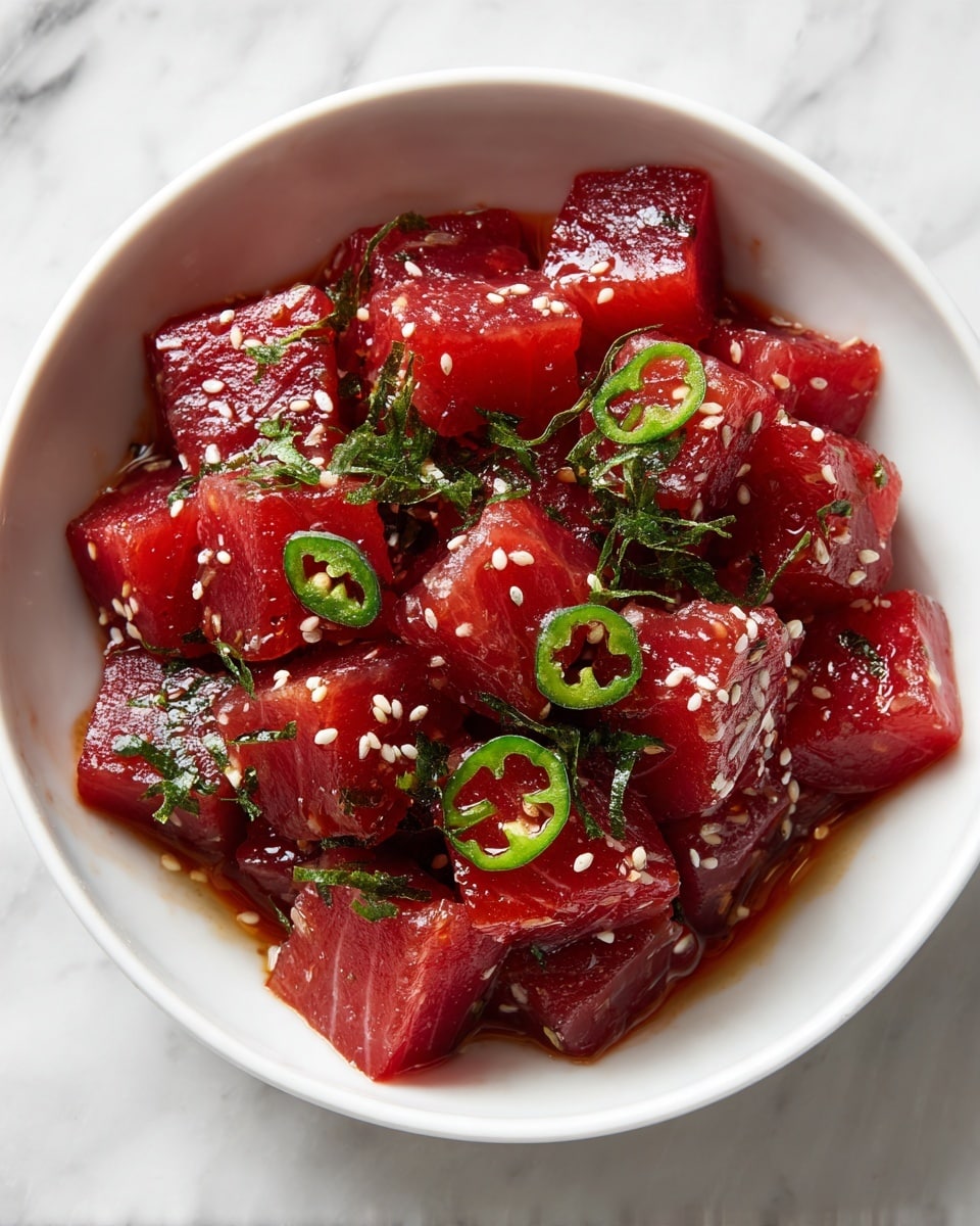 A close-up view of a white bowl filled with bright red, glossy tuna cubes layered tightly together, each piece sprinkled with white sesame seeds and thinly sliced green chili rings. There are small bits of green herbs scattered on top, adding a fresh contrast to the rich red tuna. The bowl sits on a white marbled surface, with soft natural light highlighting the juicy and tender texture of the tuna. photo taken with an iphone --ar 4:5 --v 7