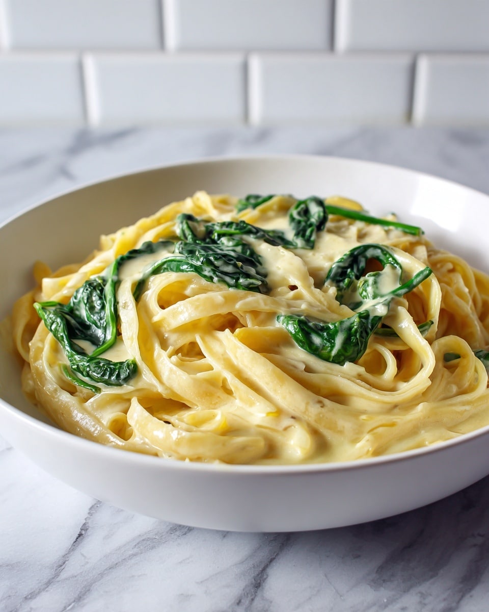 A white bowl filled with creamy pasta that looks like fettuccine, coated in a smooth, light yellow sauce with a few black pepper specks scattered around. The pasta is topped with fresh, dark green spinach leaves, partially mixed into the sauce. The bowl sits on a white marbled surface with a blurred white tiled wall in the background, giving a clean and fresh look. The pasta strands are twisted and layered naturally, showing thickness and softness. photo taken with an iphone --ar 4:5 --v 7