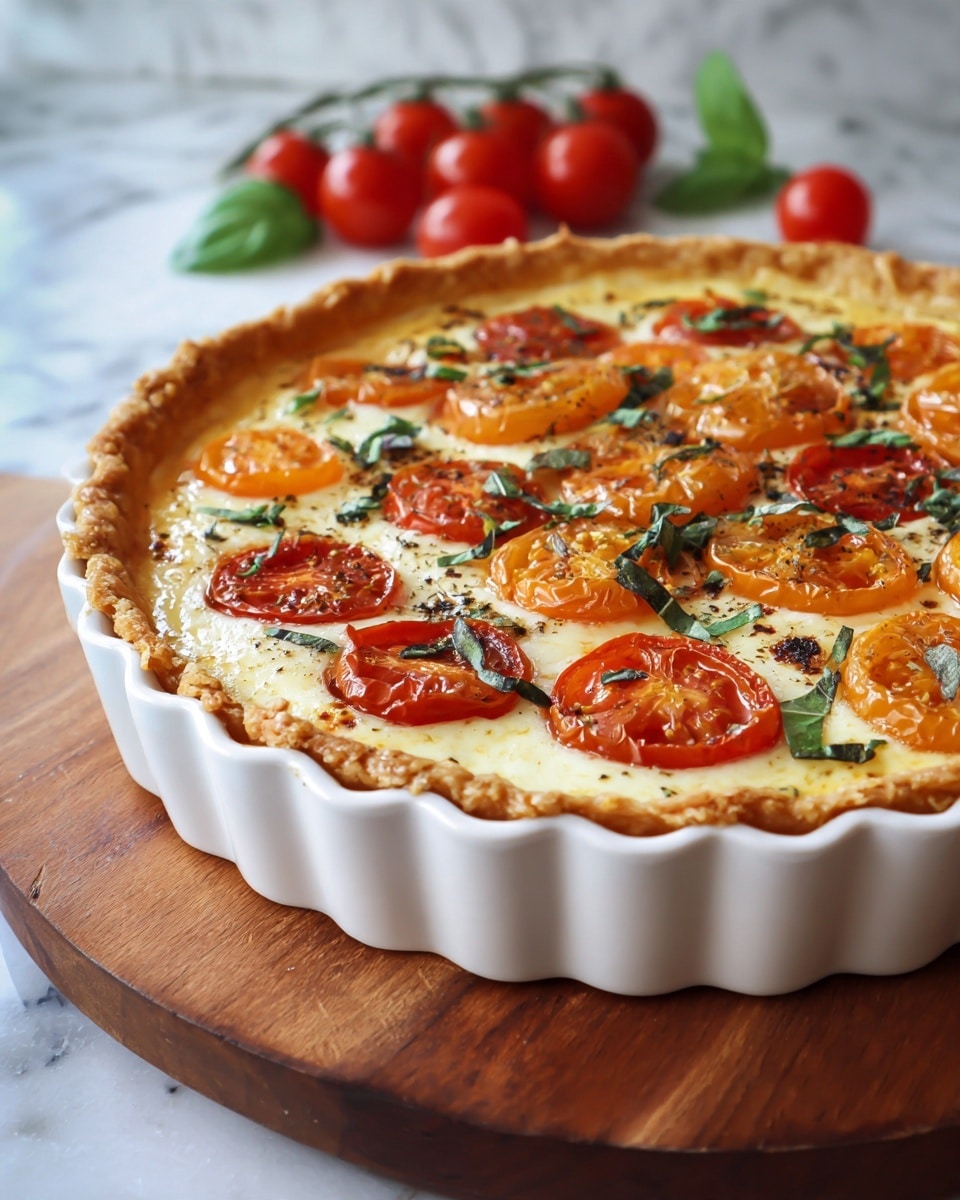 A golden-brown crust with a crimped edge forms the base of this savory tart, held in a white scalloped ceramic dish. Inside, layers include a creamy, smooth, pale yellow cheese filling topped with evenly spaced slices of roasted red and orange tomatoes that have slightly caramelized edges. Bright green basil leaves and small dark green herb sprinkles are scattered across the top, adding fresh color contrast. The tart sits on a round wooden board with ripe red cherry tomatoes and basil leaves blurred in the white marbled background. photo taken with an iphone --ar 4:5 --v 7
