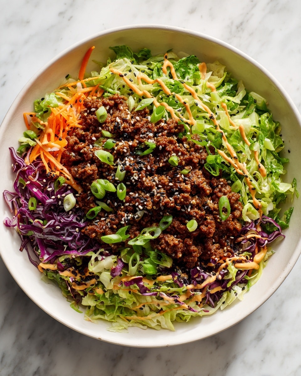 This image shows a white bowl filled with a layered salad. The bottom layer is made of shredded green and purple cabbage mixed with thin orange carrot strips, creating a colorful base. On top of this layer sits browned, cooked ground meat, spread evenly across the salad. Above the meat, there are thin lines of light orange sauce drizzled in a zigzag pattern. The topmost layer is covered with a generous amount of black and white sesame seeds, sprinkled thickly. Finally, bright green sliced scallions are scattered over the top, adding a fresh pop of color. The bowl is placed on a white marbled surface. photo taken with an iphone --ar 4:5 --v 7